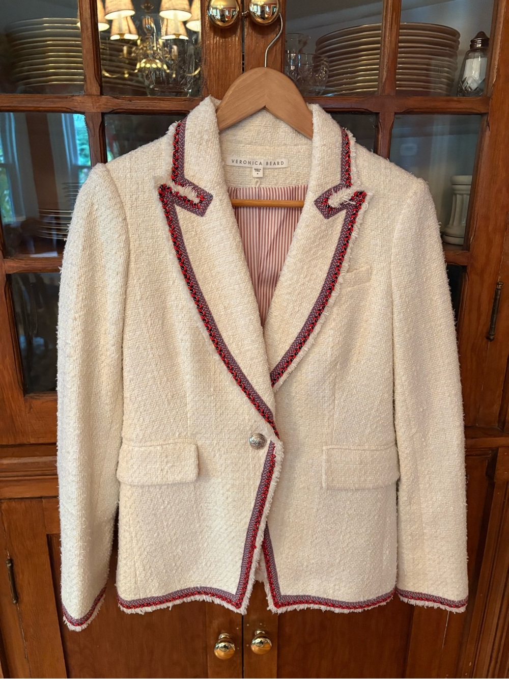 Veronica Beard Cream Tweed Blazer with Red and Navy Braid Trim